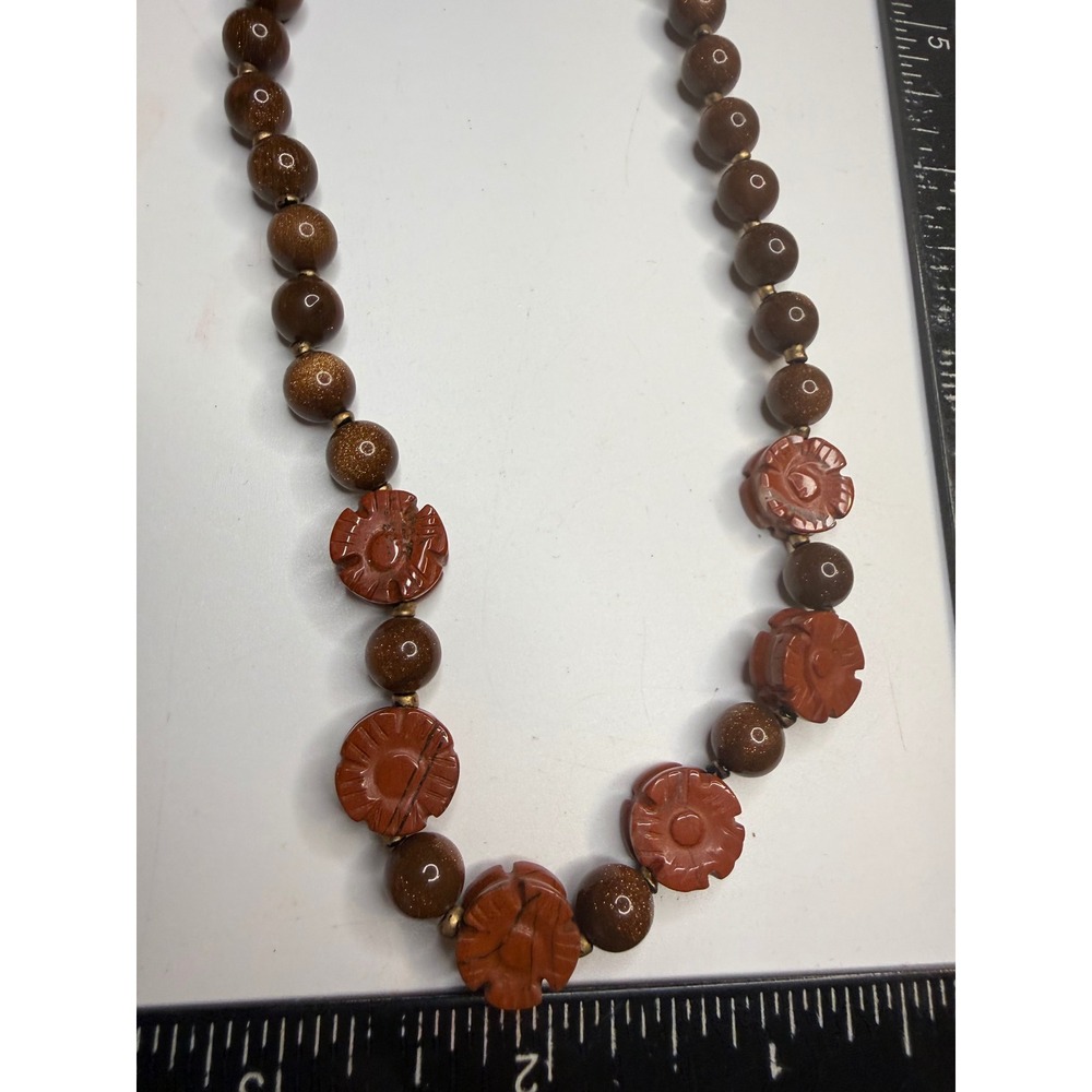 Goldstone and Carved Red Jasper Flower Beaded Necklace 18 Inch Barrel Clasp